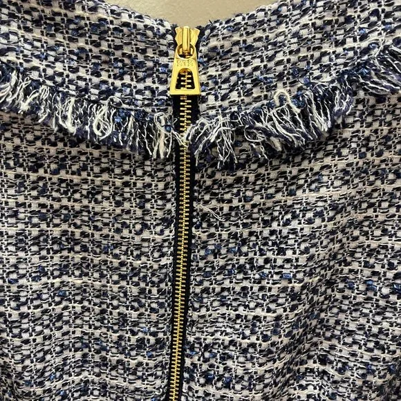 SAIL TO SABLE-NAVY/CREAM TWEED-SHIFT DRESS-FRINGE TRIM-LINED-BACK ZIPPER-SIZE 6 - Picture 5 of 8